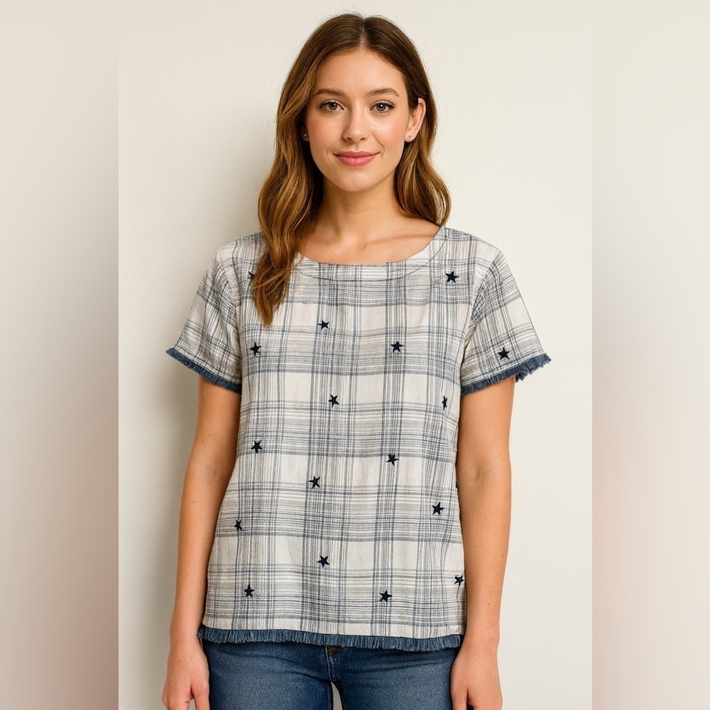 Cloth & Stone Embroidered Stars Plaid Top Raw Hems Button Back Small Cottagecore